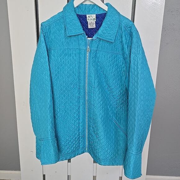 The Quaker Factory Quilted 100% Silk Jacket Women's 1X Blue Full Zip Rhinestones - Picture 1 of 9